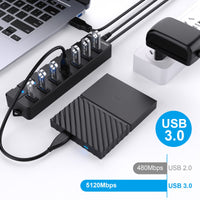 1 x RAW Customer Returns Powered USB Hub, VEMONT 7 Ports USB 3.0 Hub with External Power, Individual Power Button for Each Port for Mac OS, Windows, iOS, Linux with 5V 3A Adapter Power - RRP €24.19