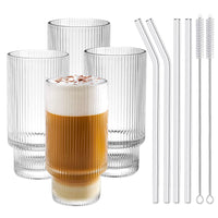 1 x RAW Customer Returns  4 PACK, 330 ML DESIGN MASTER ribbed glass tumblers with straws, stackable glassware, origami style, perfect for whiskey, beer, cocktail, iced coffee and iced tea. - RRP €10.48