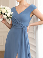 1 x Brand New Ever-Pretty Women s Long Slit V-neck Cap Sleeve A Line Chic Bridesmaid Dress Denim Blue 38 - RRP €56.99