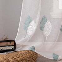 1 x RAW Customer Returns MIULEE Modern Living Room Curtains with Leaf Embroidery, Translucent Bedroom Curtains 2 Pieces with Eyelets, Decorative Curtains for Bedroom Windows 2XW140xL145cm, White Leaves and Lake Blue  - RRP €25.2