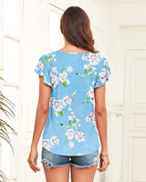 2 x Brand New WNEEDU Women s Summer Tops T-Shirts Ruffles Short Sleeve Round Neck Casual Blouses Shirts Floral Light Blue, M  - RRP €39.64