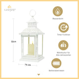 1 x RAW Customer Returns LUCOZA lantern made of metal and glass for indoor and outdoor use, including outdoor LED candle with timer, 32 cm high wireless oriental decorative hanging candle holder decor for garden outside, white - RRP €33.26