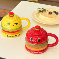 1 x Brand New 420ml hamburger cup, ceramic coffee mug, breakfast cup with lid and spoon, can be used daily or as a decoration to set the mood yellow  - RRP €20.4