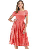 1 x RAW Customer Returns DRESSTELLS Women s Elegant For Wedding A Line Lace Dress, Cocktail Dresses Festive, Knee-Length Evening Dresses, Off Shoulder Evening Dresses, Short Sleeve Swing Pleated Skirt, Coral 3XL - RRP €44.84