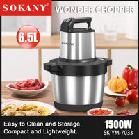 1 x RAW Customer Returns SOKANY 1500W Electric Kitchen Chopper with 6.5L Stainless Steel Bowl, Multi Chopper with 3 Speed Levels, Meat Grinder with 4 Blades for Meat, Onions, Fruit, Vegetables - RRP €99.99