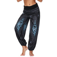 1 x RAW Customer Returns Nuofengkudu Unisex Women Baggy Hippie Harem Long Pants High Waist Boho Flower Print Thai Indian Bloomers Yoga Pants Casual Summer Beach Blue Black,XL  - RRP €24.98