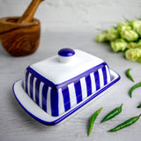 1 x RAW Customer Returns City to Cottage - Ceramic butter dish Blue and white striped Handmade 250 gram ceramic butter dish with lid - RRP €37.95