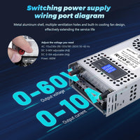 1 x RAW Customer Returns BOSYTRO Adjustable Switching Power Supply AC 110V 220V to DC 0-60V Transformer 10A 600W Voltage Digital Display DC 5A 10A Regulated Switching Power Supply for 3D Printer, CCTV Computer Laboratory - RRP €74.99