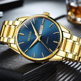 1 x RAW Customer Returns OLEVS Men s Watches Golden Blue Stainless Steel Strap Quartz Watch Men with Weekday Date Waterproof Luminous Classic Elegant Wristwatch Gift - RRP €50.08