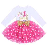 1 x RAW Customer Returns IMEKIS Baby Girl 1st Birthday Outfit Princess Long Sleeve Minnie Tulle Dress with Bowknot Headband Toddler Kids Polka Dot Clothes Set Rose 1 Year - RRP €24.18