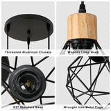 1 x RAW Customer Returns Toolight Pendant Light Vintage Industrial, 3-Bulb Hanging Lamp with Geometric Design E27, Lampshade Lamp Made of Wood Iron Black for Dining Table Kitchen Living Room, Diameter 16 cm - RRP €37.49