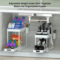 1 x RAW Customer Returns SKYSER 2-Tier Under Sink Shelf Drawer Organizer Liftable Sink Shelf, with 4 Hooks, 8 Non-Slip Pads 1 Hanging Cup Sink Cabinet Shelf Kitchen Organizer 2 Pack White  - RRP €39.34