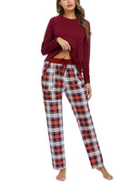 1 x RAW Customer Returns Uniexcosm Women s Cotton Pajama Set Long Two-Piece Sleepwear Raglan Sleeves Sleepwear and Checked Pajama Bottoms Leisure Suit Style 1 Wine Red M - RRP €35.99