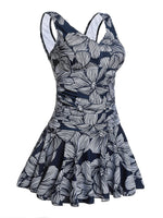 1 x RAW Customer Returns Women s One Piece Swimsuit Plus Size Dress Beach Skirt with Dark Blue Flower Print XL - RRP €41.99