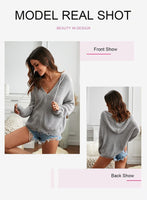 1 x RAW Customer Returns Dokotoo Women s V-Neck Long Sleeve Hoodie Knitted Pullover Sexy Off Shoulder Sweatshirt Long Sleeve Top Loose Sweater Tops Apricot M - RRP €40.33