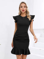 1 x RAW Customer Returns Missufe Ruffle Bodycon Short Party Dress Cocktail Dress Women Summer Flutter Sleeve Dresses Black, Medium  - RRP €43.36