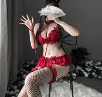 1 x RAW Customer Returns SINROYEE Women s Sexy Cosplay Lingerie Set Ruffle Baby Doll Teddy Outfit Bra and Panties Nightdress with Choker Anime Lace Babydoll, Red, One Size - RRP €19.4