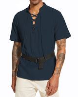 1 x RAW Customer Returns LUYANA Men s Linen Shirt Short Sleeve Shirt Summer Casual Henley Shirts Lace-up Shirt Navy XL - RRP €22.49