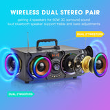 1 x RAW Customer Returns Portable Bluetooth Speakers with Dual Subwoofer, 60W Loud Stereo, Powerful Bass, Wireless Outdoor Indoor with Colorful Party Lights FM Radio Remote Control - RRP €60.66