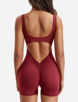 1 x RAW Customer Returns ZAAYO Women Workout Jumpsuits Shorts Sexy Backless Gym Bodycon Scrunch Butt Yoga Bodycon One Piece Full Body Suit Stretch Elegant Jumpsuits Wine Red Medium - RRP €37.3