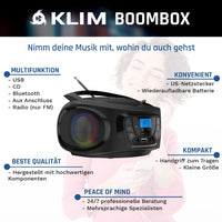 1 x RAW Customer Returns KLIM Boombox - Radio CD Portable with Bluetooth, MP3, USB, AUX, FM Radio CD Player with Rechargeable Batteries Included Wireless Mode and Cable New 2024 Black - RRP €60.47