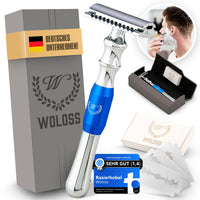 1 x RAW Customer Returns WOLOSS safety razor men s set premium silver blue, including eco-leather case and 10 blades, safety razor with long ergonomic handle for wet shaving, one-blade razor made of stainless steel. - RRP €20.16