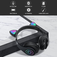 1 x RAW Customer Returns Sendowtek Bluetooth Over-Ear Headphones Black Girls Cat Ear Headphones RGB Light Foldable Stereo Wireless Headphones Headset for Kids Telescopic Microphone with Noise Cancelling for Laptop PC TV - RRP €21.99