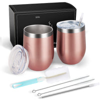 1 x RAW Customer Returns Joymaking Pack of 2 Stainless Steel Wine Cups, Stemless Wine Cups with Lid, Double-Walled Unbreakable Travel Cups for Milk, Coffee, Wine, Beer, Champagne, Cocktails, Rose Gold - RRP €18.59