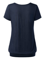 1 x RAW Customer Returns DJT Women s Basic V-Neck Short Sleeve T-Shirt Pleated Tops with Button Dark Blue XL - RRP €23.4