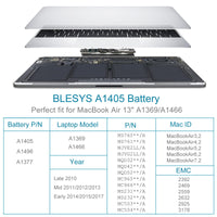 1 x RAW Customer Returns BLESYS A1466 Battery for MacBook Air 13 inch A1466 Mid 2012 2013, Early 2014 2015 2017 A1369 Late 2010, Mid 2011 EMC 3178 2925 2632 Model Replacement Battery A1405 A1496 A1377 - RRP €42.97