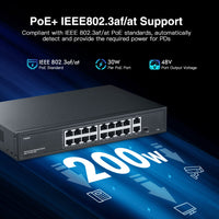 1 x RAW Customer Returns 16-Port PoE Switch, 10 100Mbps PoE Ports, 2 Gigabit Ethernet Uplink, IEEE802.3af at, Max 200W, VLAN PoE Extend 250m, Fanless Unmanaged Ethernet Switch with Rack Mount - RRP €86.99