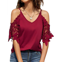 1 x RAW Customer Returns Greensen Women s Cold Shoulder Loose V-Neck Blouse, Summer Pure Color Blouses with Lace Sleeves, Elegant Short Sleeve Shirt for Daily Shopping XL-Red  - RRP €21.6