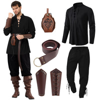 1 x RAW Customer Returns Ulikey Medieval Clothing Men Set, Men s Renaissance Costume Set with Linen Shirt Men s Medieval Pirate Shirt, Medieval Pants with Ankle Straps, Belt, Wrist Guards Black, M  - RRP €51.13