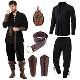 1 x RAW Customer Returns Ulikey Medieval Clothing Men Set, Men s Renaissance Costume Set with Linen Shirt Men s Medieval Pirate Shirt, Medieval Pants with Ankle Straps, Belt, Wrist Guards Black, XL  - RRP €63.59