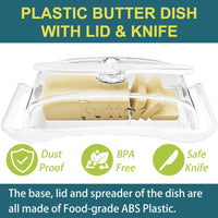 2 x Brand New Butter Dish with Lid and Knife - BPA-Free Plastic Countertop Butter Container - Easy-Grip Handles - Dishwasher and Freezer Safe - Perfect for East and West Coast Butter - White - RRP €28.22