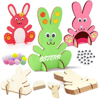 2 x Brand New Tenuevo wooden bunnies to paint, 10 pieces of Easter wood to paint with colorful mini pompoms and googly eyes, DIY Easter bunny decoration for children s craft set, Easter decoration Easter crafts spring to decorate - RRP €16.32