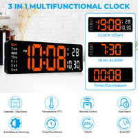 1 x RAW Customer Returns Sukeen Digital Wall Clock, 13 Digital Clock Wall Clock Digital Alarm Clock with Remote Control, Count Up Down, 10-Level Dimming, Dual Alarm, Date, Temperature for Home, Gym, Office, Garage-Orange - RRP €35.23