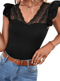 1 x RAW Customer Returns GORGLITTER Women s Elegant T-Shirt Summer Top with Air Lace Butterfly Sleeves Summer Shirt Office Casual Shirt Black S - RRP €22.18