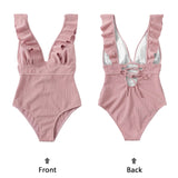 1 x RAW Customer Returns Women s One Piece Swimsuit Sexy V Neck Lace Up Swimsuit Women s One Piece Swimsuit Elegant Ruffles Adjustable Shoulder Straps Push Up Beachwear Pink,S  - RRP €24.0