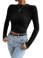 1 x Brand New GORGLITTER women s crop top waffle knit crop top long sleeve t-shirt cropped sweater basic tops autumn shirts black L - RRP €22.99