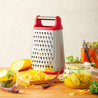 1 x RAW Customer Returns VBOK IGFE 4-sided grater made of stainless steel, kitchen grater for coarse and fine grating, for fruit, vegetables, carrots, cheese, dishwasher safe - red - RRP €12.99