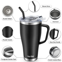 1 x RAW Customer Returns KETIEE thermal mug with straw 850 ml coffee mug to go with 2 lids 30 oz stainless steel insulated mug with handle car mug drinking cup tumbler coffee cup for hot and cold drinks, black - RRP €20.99