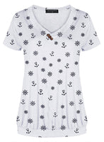 1 x RAW Customer Returns FLEASEE Women s T-Shirt Casual Short Sleeve Basic Tee V-Neck Shirts Stretch Pleated Tunic with Buttons Allover Minimal Print Summer Tops, White-Anchor, XXL - RRP €20.16