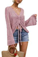 1 x RAW Customer Returns Saodimallsu Women s Sweater Flowy Oversized Long Sleeve Spring Summer Knitted Pullover V-Neck Crochet Sexy Tops Pink - RRP €31.24