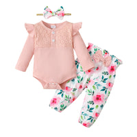 4 x Brand New Haokaini Newborn Baby Girl Clothes Ruffle Long Sleeve Lace Romper Top Bodysuit Floral Pants with Headband 3Pcs Outfits for 0-18M - RRP €76.6