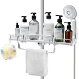 1 x RAW Customer Returns CuieTuee Shower Shelf No Drill Telescopic 32-48cm for Storage Bathroom Organization with 6 Hooks and Removable Towel Holder Suitable for 18-25mm Shower Bars-White - RRP €20.99