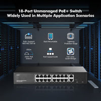 1 x RAW Customer Returns 16-Port PoE Switch, 10 100Mbps PoE Ports, 2 Gigabit Ethernet Uplink, IEEE802.3af at, Max 200W, VLAN PoE Extend 250m, Fanless Unmanaged Ethernet Switch with Rack Mount - RRP €86.99