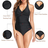 1 x RAW Customer Returns Women s Tummy Control One Piece Swimsuit Slimming Swimwear V-Neck, Removable Inner Pads for Tummy Control Sports Swimsuit Backless Ruched Swimwear Black, M  - RRP €22.61