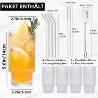 1 x RAW Customer Returns BIKALAN cocktail glasses set of 4, drinking glasses set, beer glass, long drink glass, juice glasses, iced coffee glasses, water glasses set with 4 straws, 3 cleaning brushes, drinking for family, camping, party, bar - RRP €19.15