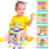 1 x Brand New Forroby Motor Skills Cube Wooden Activity Cube 6 in 1 Motor Skills Toy with 4 Sets of Columns, Time Recognition, Ocean Recognition, Shape Matching, Montessori Educational Toy for 2 3 4 Year Old Children - RRP €8.05